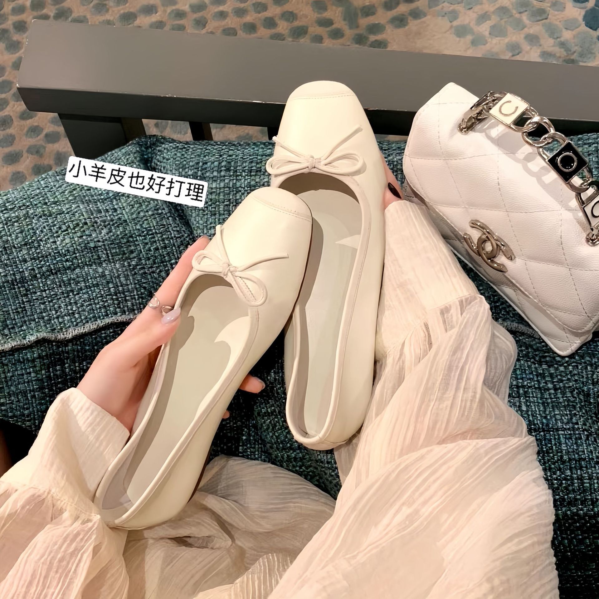 Versión de piel de oveja ~ cuero superficial arco mostrando pies pequeños zapatos de ballet de suela plana de cuero zapatos de marioneta de mujer