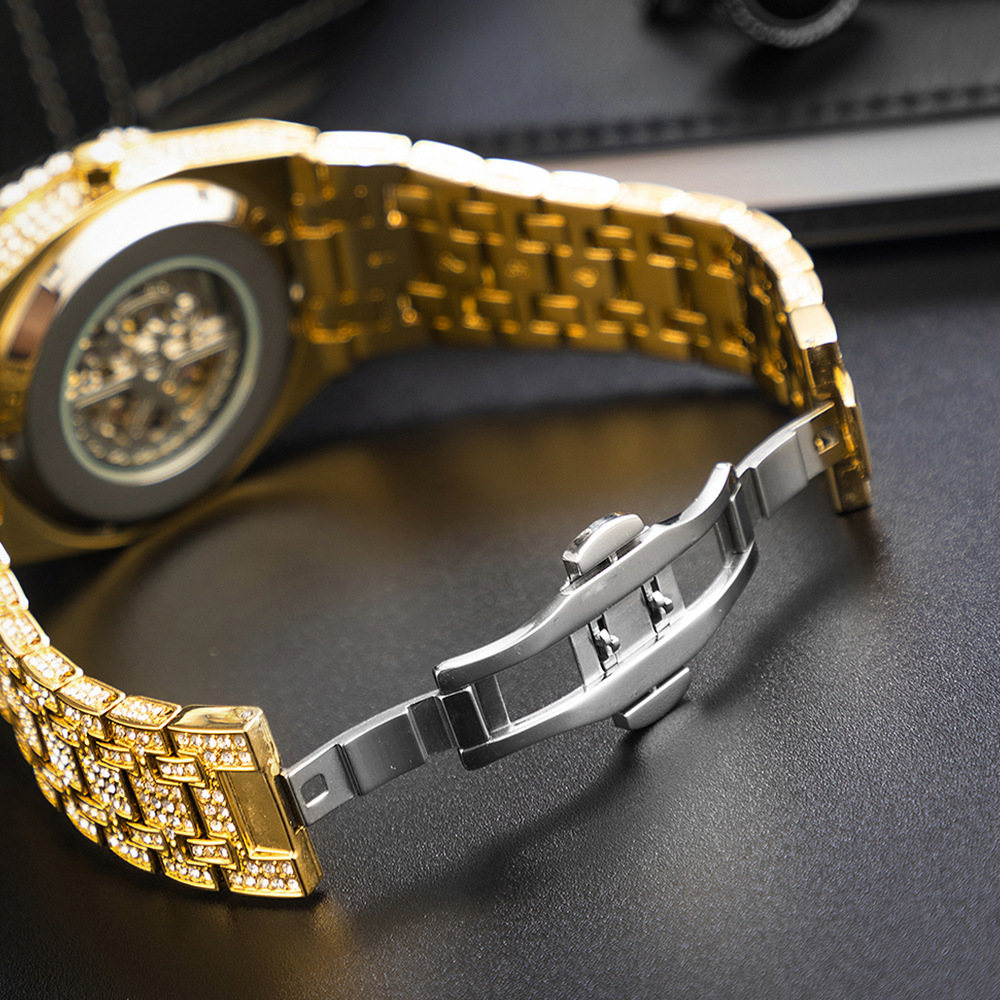 MISSFOX Full Diamond Hip Hop Party Automatic Hollow out Mechanical Men's All Night Glow Watch_voghion.com