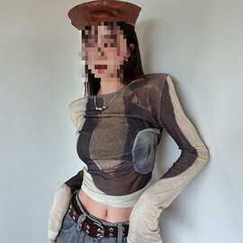 辣妹撞色长袖T恤女装春季扎染修身短款内搭上衣打底衫