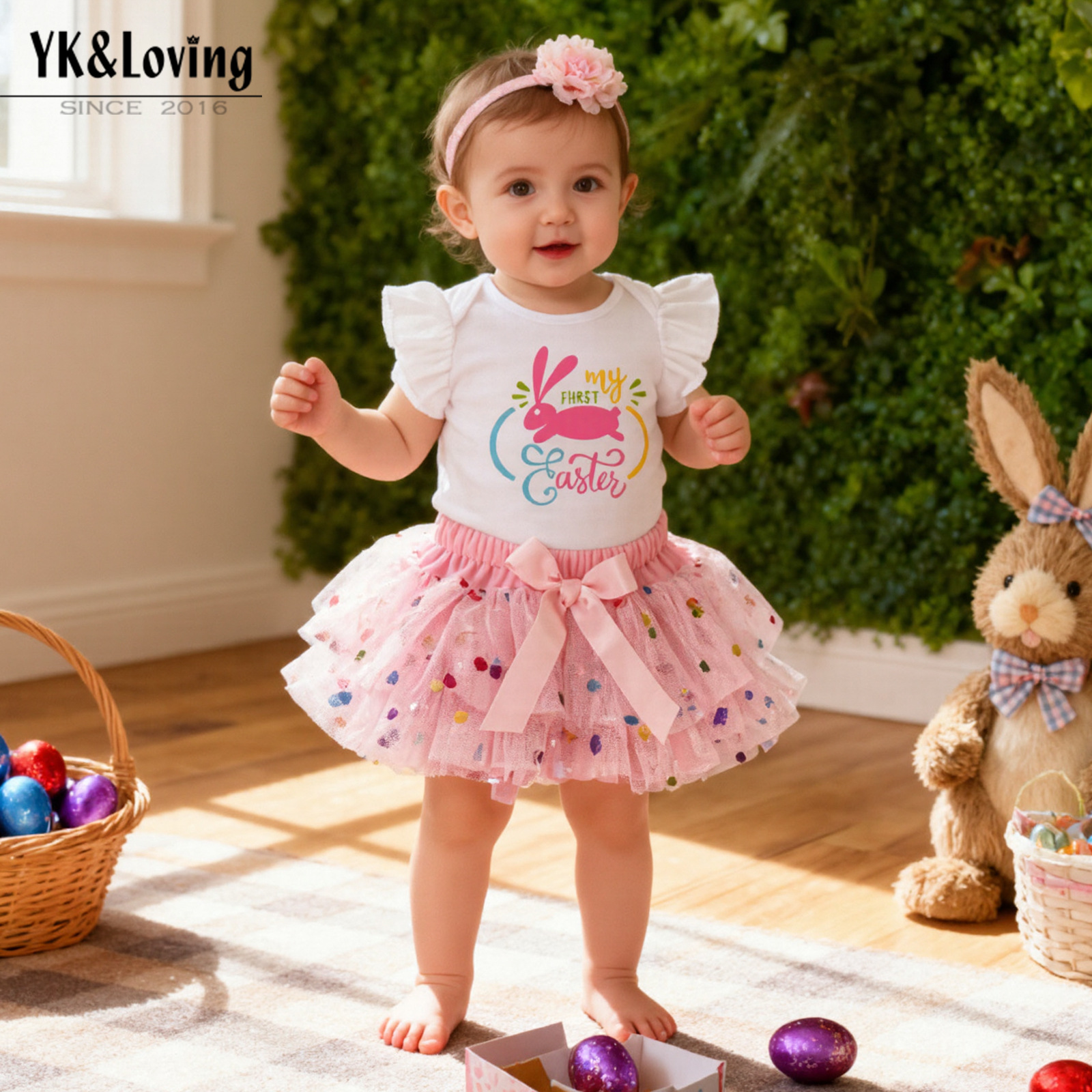Easter Children's Clothing for Girls: Bunny Flutter Sleeve Romper, Sequin Polka Dot Skirt, Hair Accessories, Socks Set, Summer Cross-Border