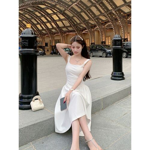 French white acetate satin strap dress, summer temperament, slimming, waist-cinching, new Chinese style dress
