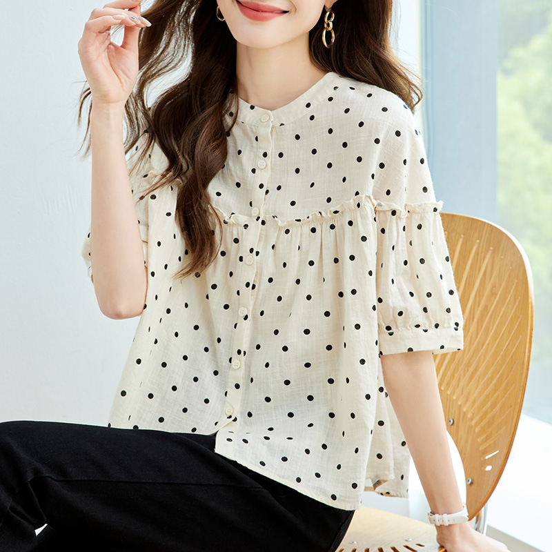 棉茧 新款波点短袖衬衫女2025夏季新款泡泡袖圆领印花上衣女
