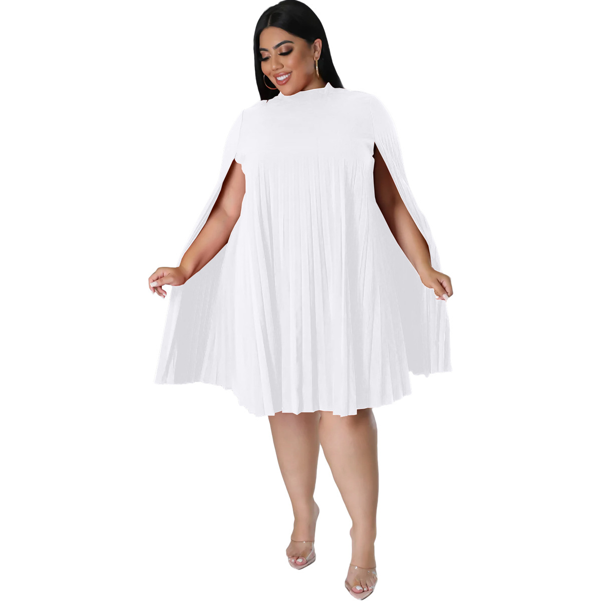 Fashion Solid Color Round Neck Long Sleeve Patchwork Polyester Plus Size Knee-Length Pleated Skirt