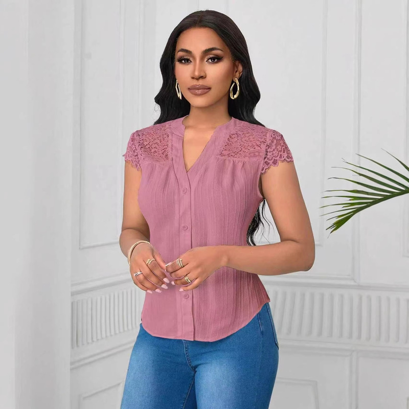 2026 Cross-Border European and American Amazon Fashion Versatile Single-Breasted Slim-Fit Embroidered Hollow Short-Sleeve Shirt 2026 Cross-Border European and American Amazon Fashion Versatile Single-Breasted Slim-Fit Embroidered Hollow Short-Sleeve Shirt