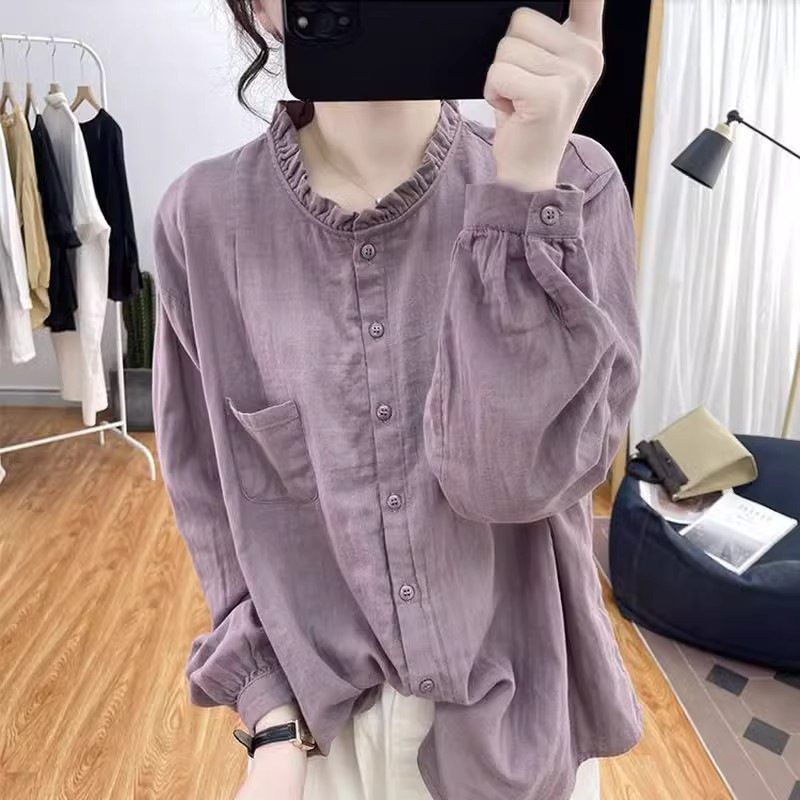 Long Sleeve Cotton Linen Shirt Women's 2024 Spring and Autumn Loose Age-reducing Top Retro Lotus Collar Base Shirt Shirt Outer Wear