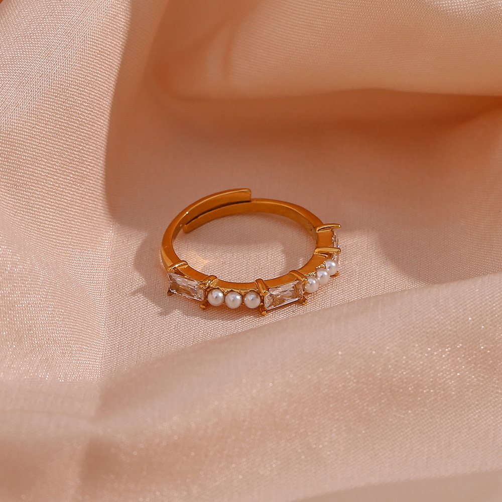 Fashion Geometric Stainless Steel Inlay Artificial Pearls Zircon Open Ring 1 Piece