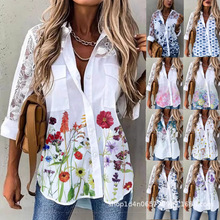 2025新款女装跨境欧美亚马逊速卖通印花中长袖透视蕾丝春夏季衬衫