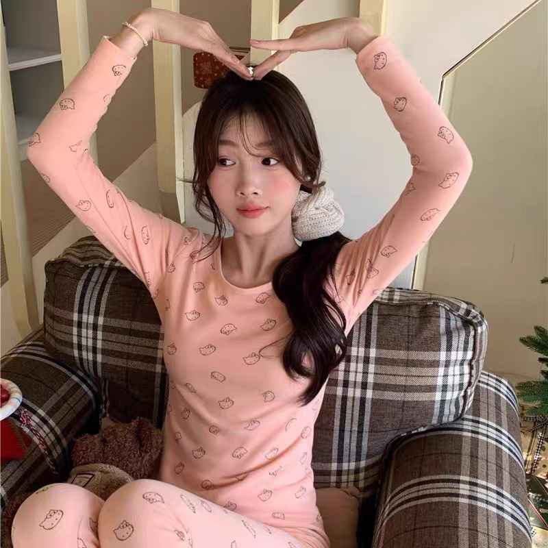 Autumn Thermal Clothing Cartoon Print Kt Autumn and Winter German Velvet Pajamas Women's Autumn Clothes Leggings Dormitory Home Clothes Set