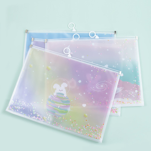 A4 large sequined pull-tab file bag 2024 new thickened student test paper storage bag with multiple patterns and logo printing