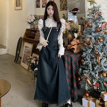 两件套装甜美设计感韩版复古显瘦牛仔背带裙子女学生+泡泡袖衬衫