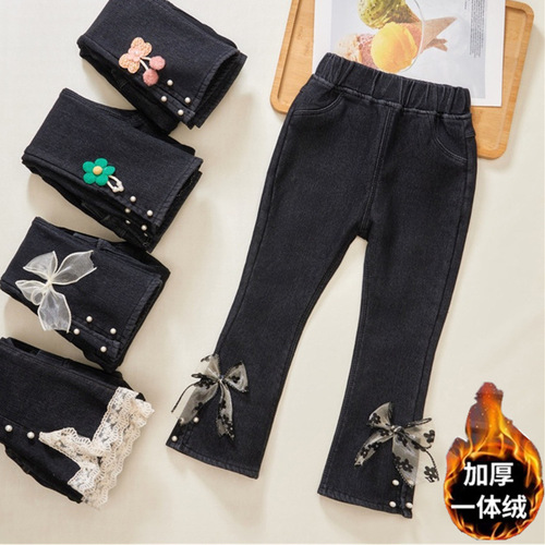2023 new winter girls' jeans plus velvet and thickened medium and large children's clothing girls' bell bottoms warm children's cotton pants