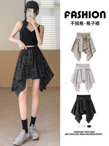 Irregular plaid skirt women's spring, summer, autumn and winter new style high-waist slimming elegant retro plaid short skirt