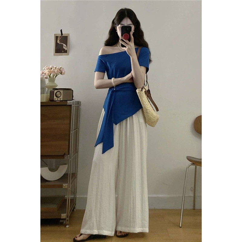 Летняя футболка больших размеров с косыми бретелями, женский топ с короткими рукавами и французской складкой на талии + драпированный повседневный костюм с широкими брюками