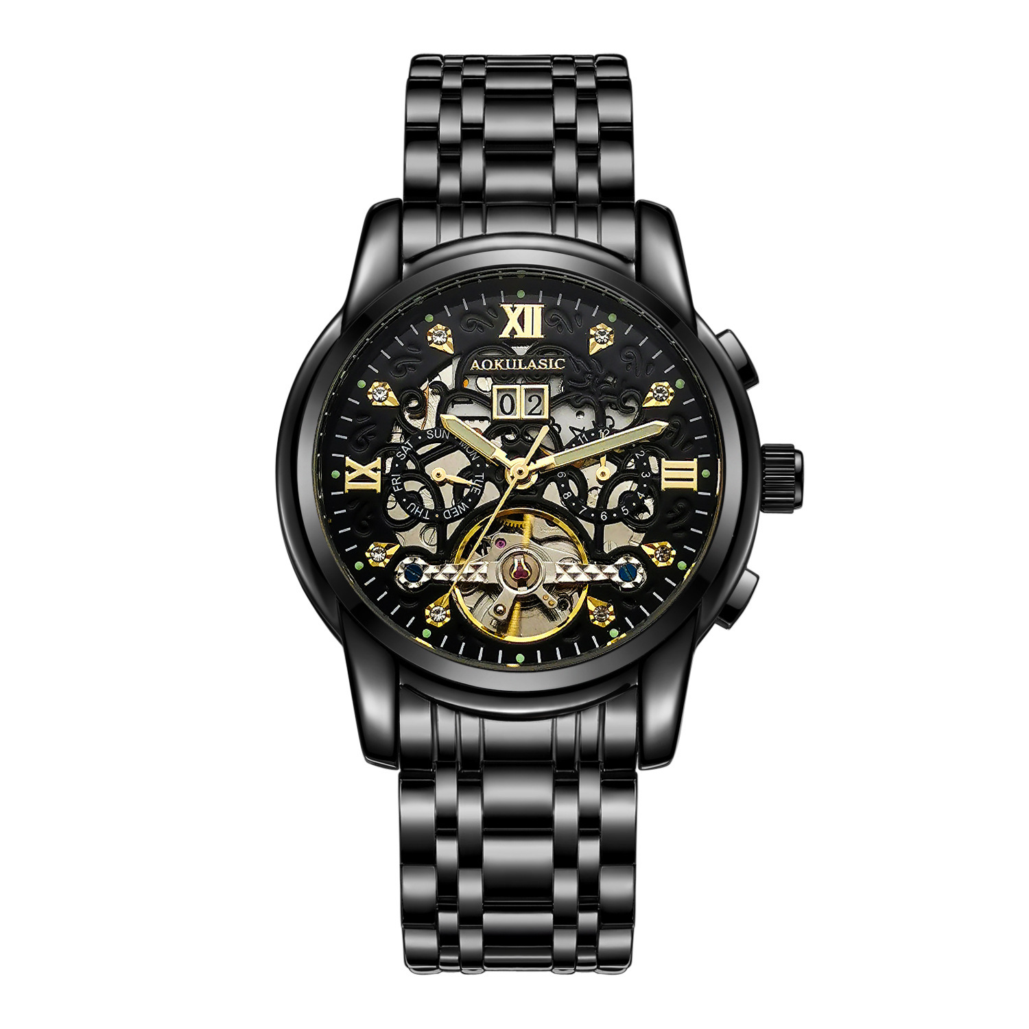 AOKULASIC/ogulas hombres rhinestone reloj mecánico automático hueco doble calendario multifuncional reloj de correa de acero