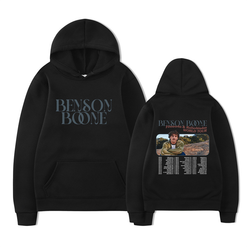Benson Boone Hooded Sports Sweatshirt with Fireworks and Roller Skating Design for Spring Street Style World Tour Concert