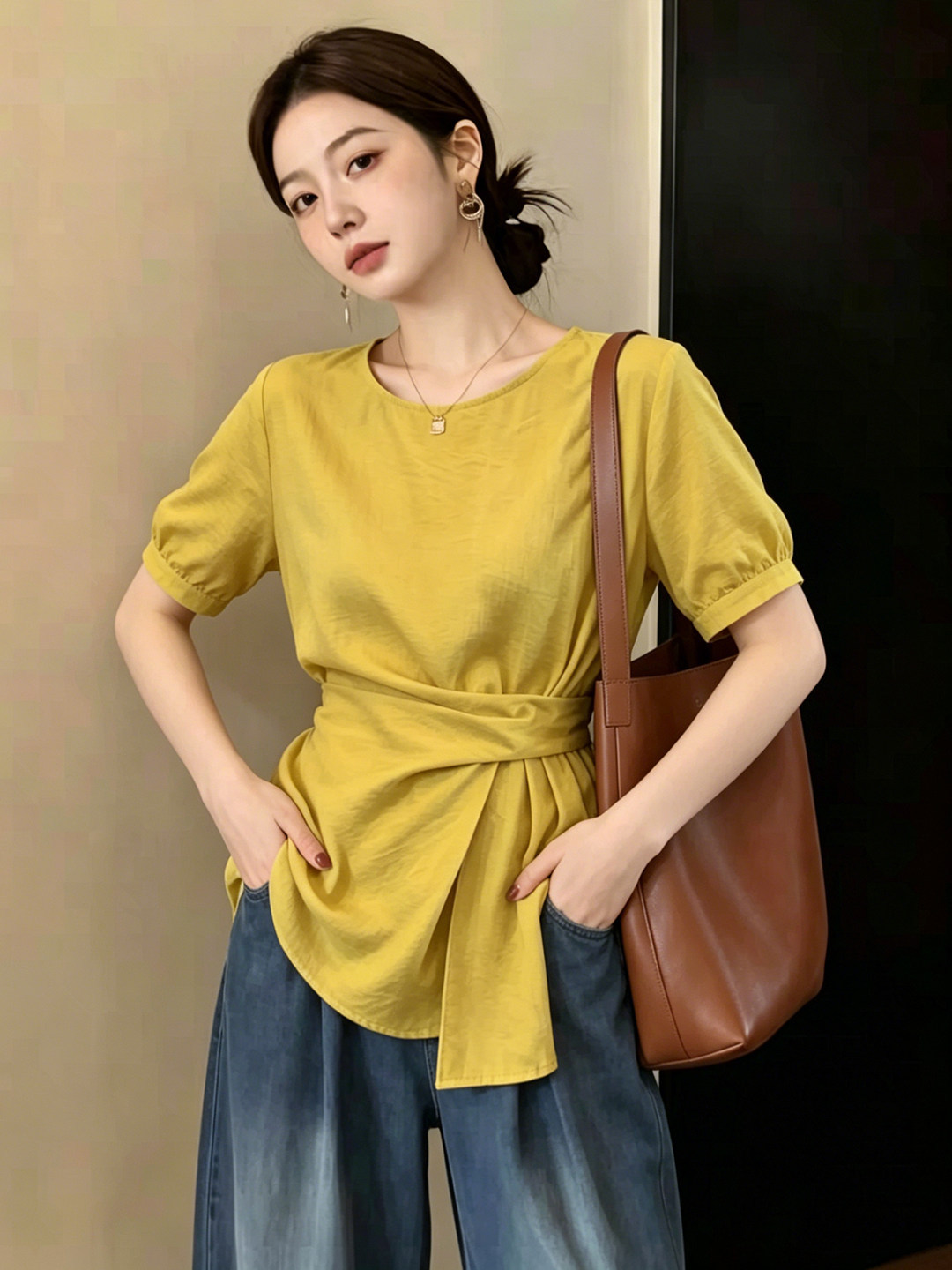 Áo thun nữ tay ngắn cổ tròn phom suông, thiết kế vai thẳng eo xếp li — xanh lam