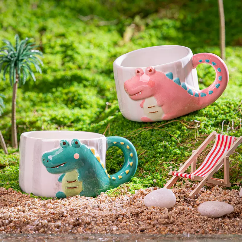 卡通可爱釉下彩小鳄鱼马克杯家用陶瓷水杯早餐杯办公咖啡杯情侣杯