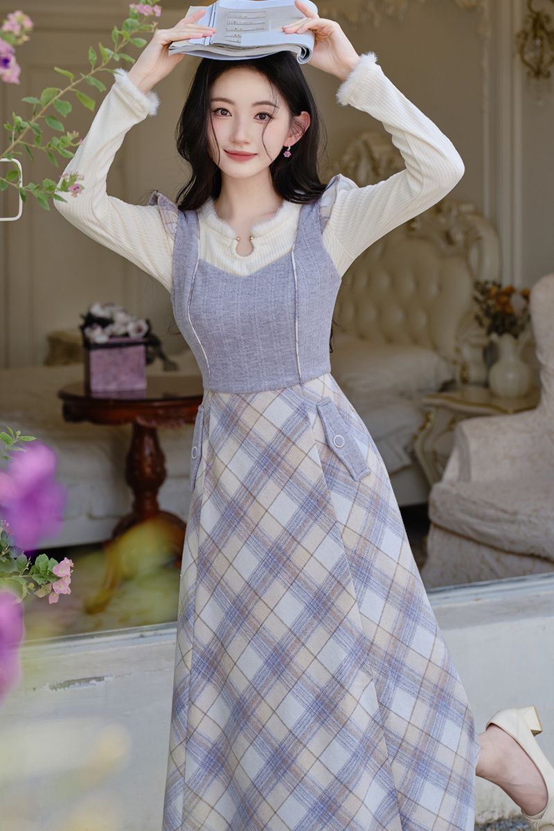 秋冬女装复古法式温柔打底衫配紫色毛呢子背心裙两件套名媛长裙