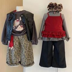 韩范童装女童秋季皮马甲2025新款洋气女孩潮酷卡通卫衣百搭豹纹裤