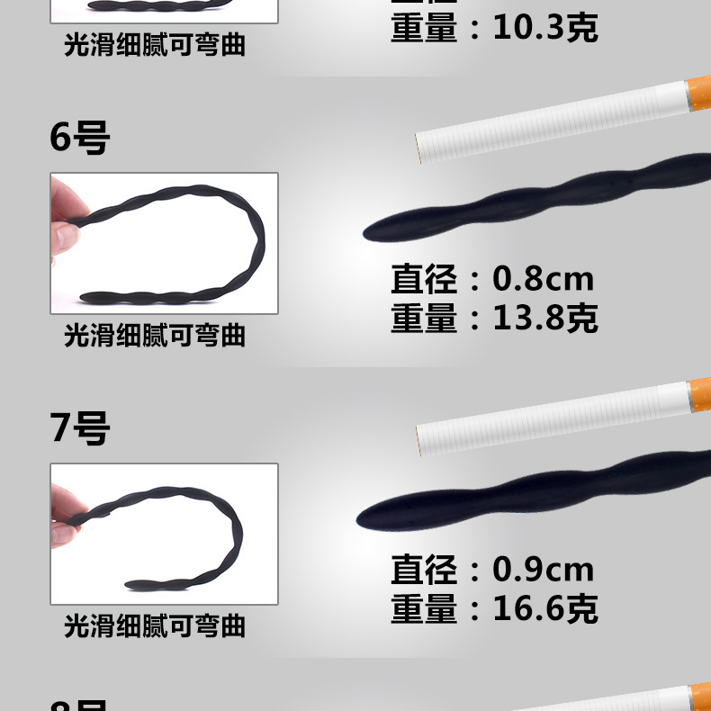 Silicone Glans Training Stick, Urethral Dilator Set, Sizes 5-8, Black — detail image 6