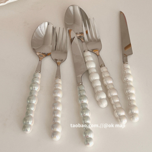 Ins Stainless Steel Knife, Fork and Spoon Ceramic Tableware Set Household Steak Pasta High-Value Pearl Dessert Fork