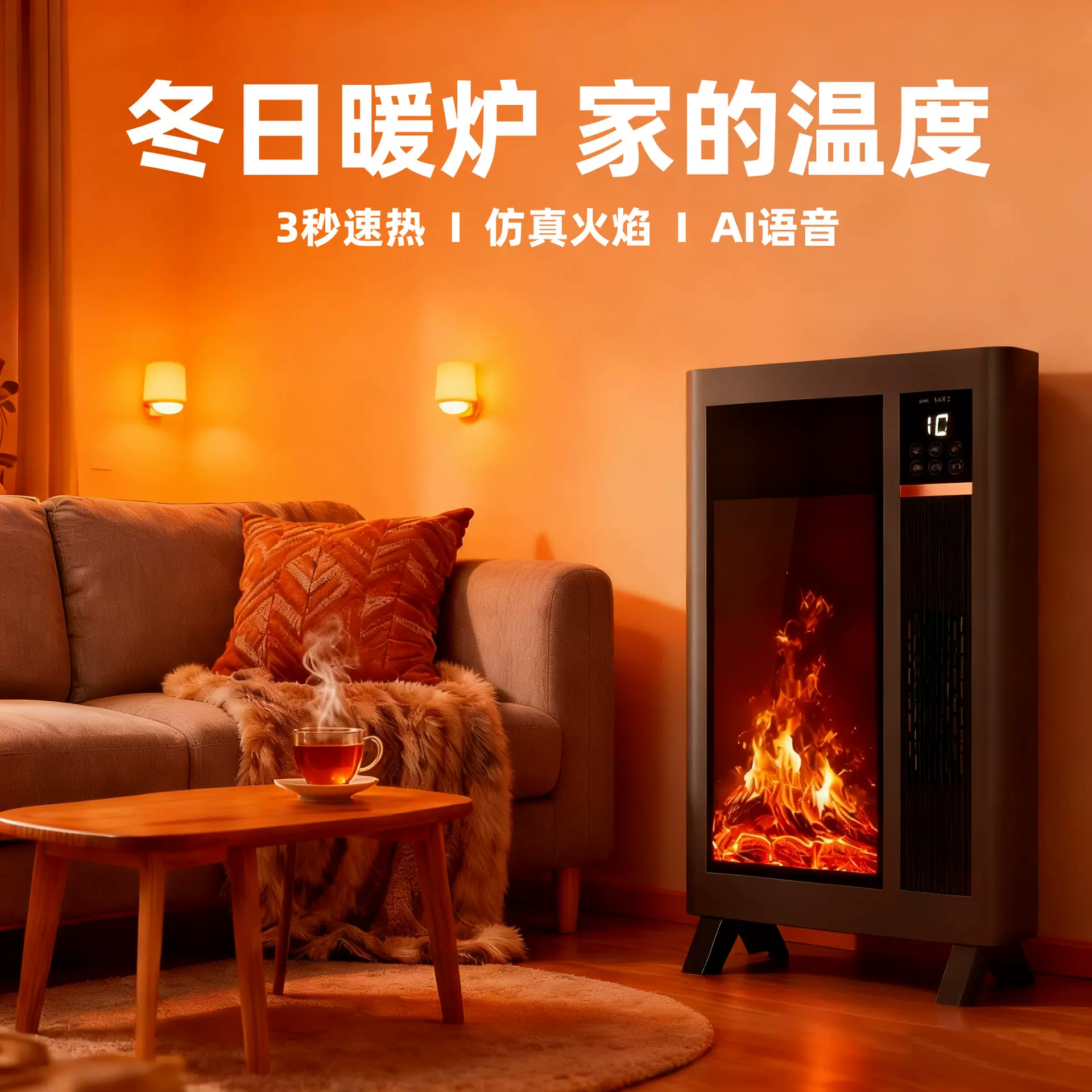 2025新款暖风机壁炉取暖器火焰氛围加湿器ai语音控制遥控器款跨境