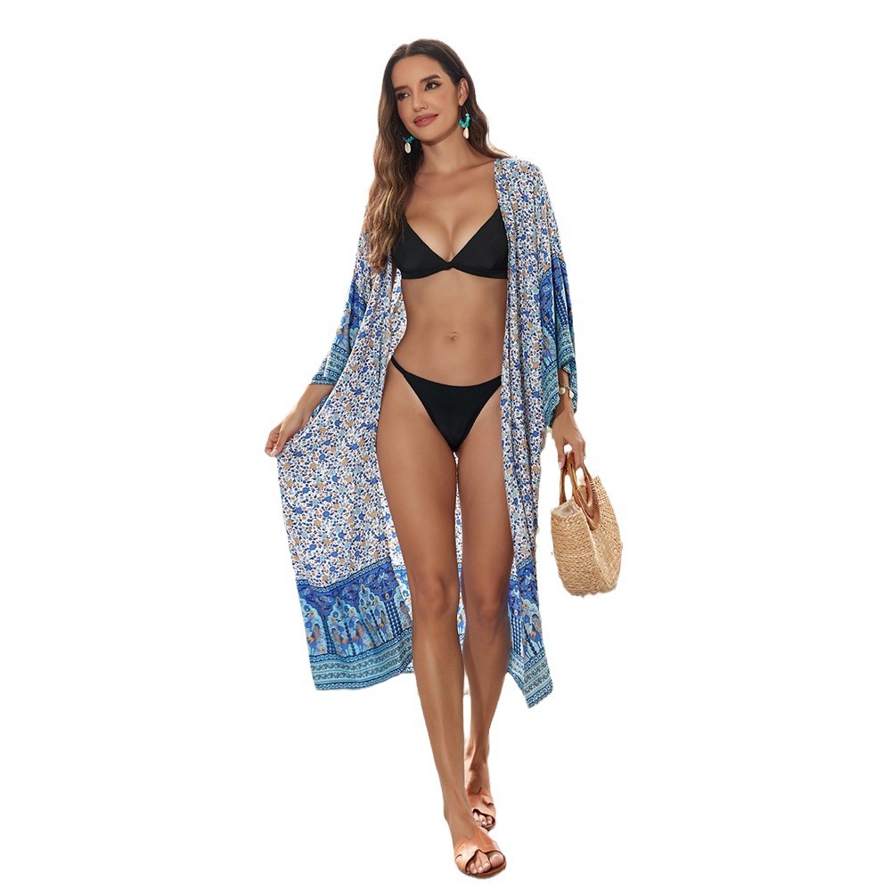 3 colores nuevo europeo y americano playa chal rayón impreso kimono bikini protector solar camisa vacaciones playa falda 3815