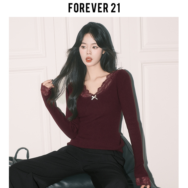 Forever21纯欲杏色蕾丝拼接V领上衣女秋冬法式打底长袖修身针织衫|undefined