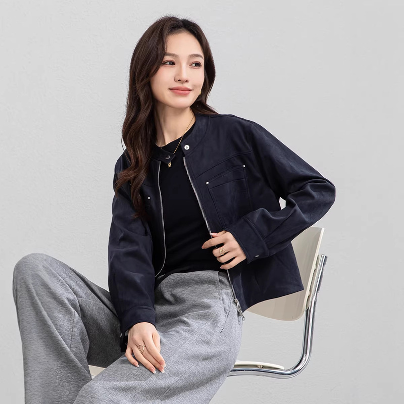 Guangmei Maillard Brown Coffee-Colored Round-Neck Faux Leather Suede Jacket for Women, Short Style, 2026 Spring and Autumn New Motorcycle Jacket Guangmei Maillard Brown Coffee-Colored Round-Neck Faux Leather Suede Jacket for Women, Short Style, 2026 Spring and Autumn New Motorcycle Jacket