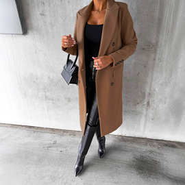 欧美独立站2025秋冬新款女士中长款大衣真口袋毛呢外套
