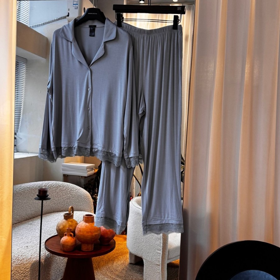 모달 수용성 꽃 고급 긴팔 바지 카디건 투피스 잠옷 부드러운 겉옷 단색 여성 가정복