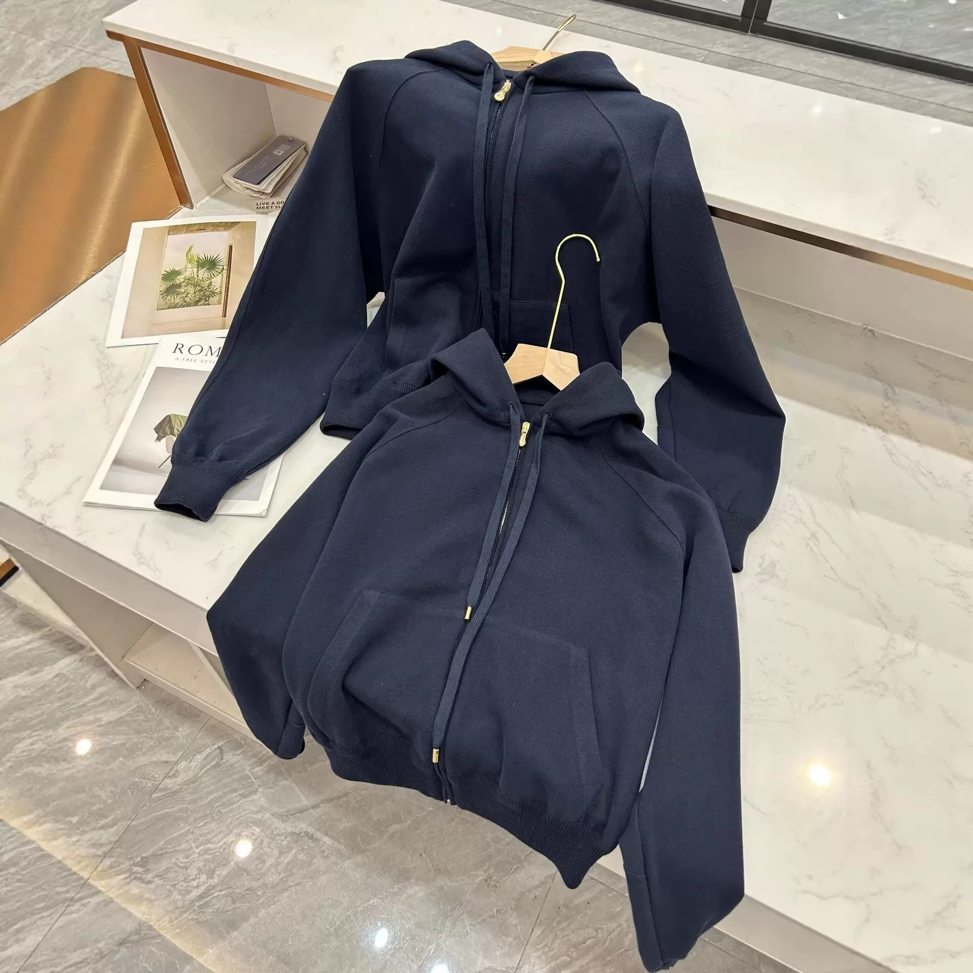 【现货】LP拉链连帽卫衣深蓝色短款休闲开衫上衣外套