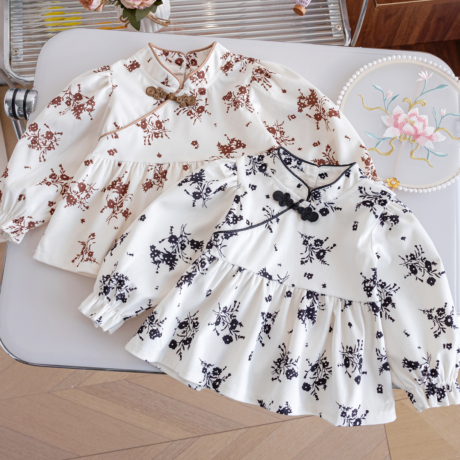 女童国风水墨画衬衫2024秋季新款洋气民族风女宝宝外穿上衣秋装潮