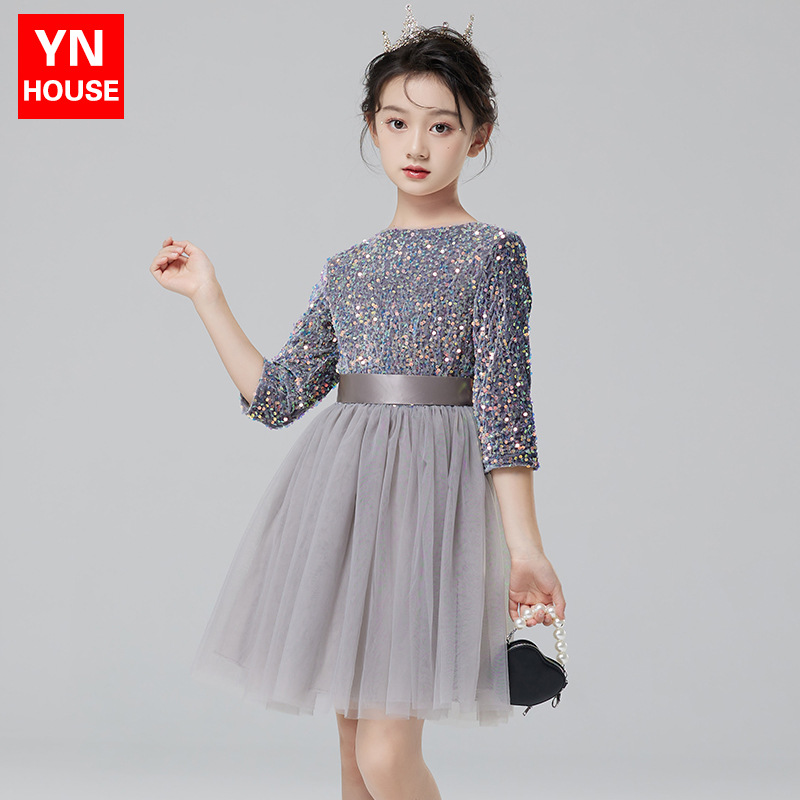 Vestidos para niños, vestidos de princesa de alta gama para niñas, vestidos de interpretación de piano gris, vestidos cortos de manga larga para niños