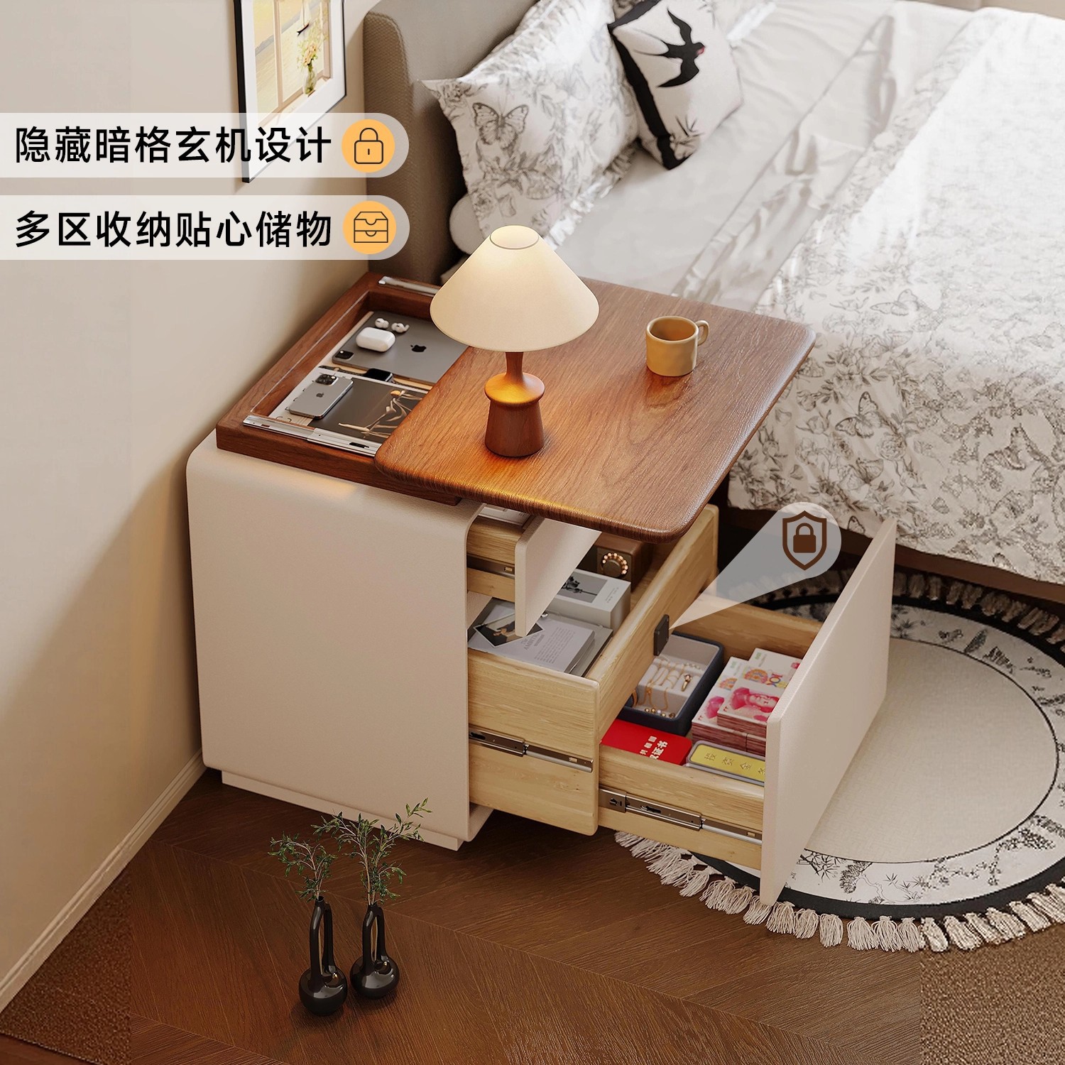Hidden Compartment Lock Solid Wood Bedside Table for Home Bedroom Multifunctional Hidden Storage Cabinet for Money, Jewelry, and Gold