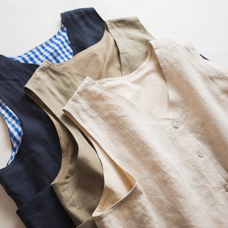 Japanese Commuter Simple Pure Linen Cotton Lined V-neck Two Length 2way Artistic Loose Casual Vest Top