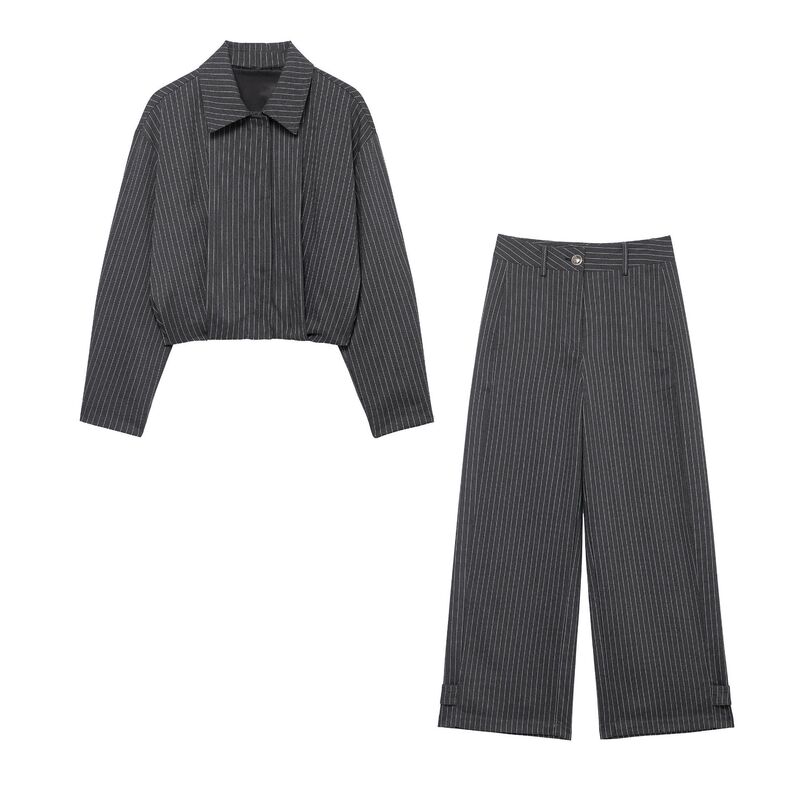 European and American Cross-Border Women's Clothing Wholesale Women's Short Pinstripe Jacket Jacket High Waist Adjustable Hem Pants Suit