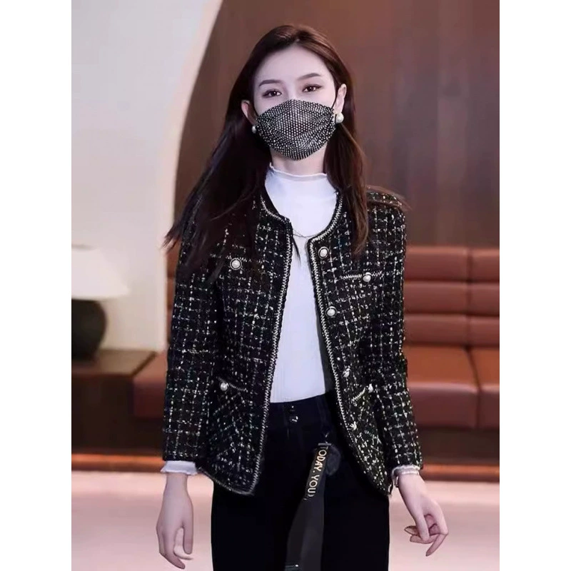 Net Red новый тонкий тонкий тонкий топ с круглым вырезом весенний костюм новый длинный рукав клетка маленький ароматный стиль высокого класса куртка женский короткий