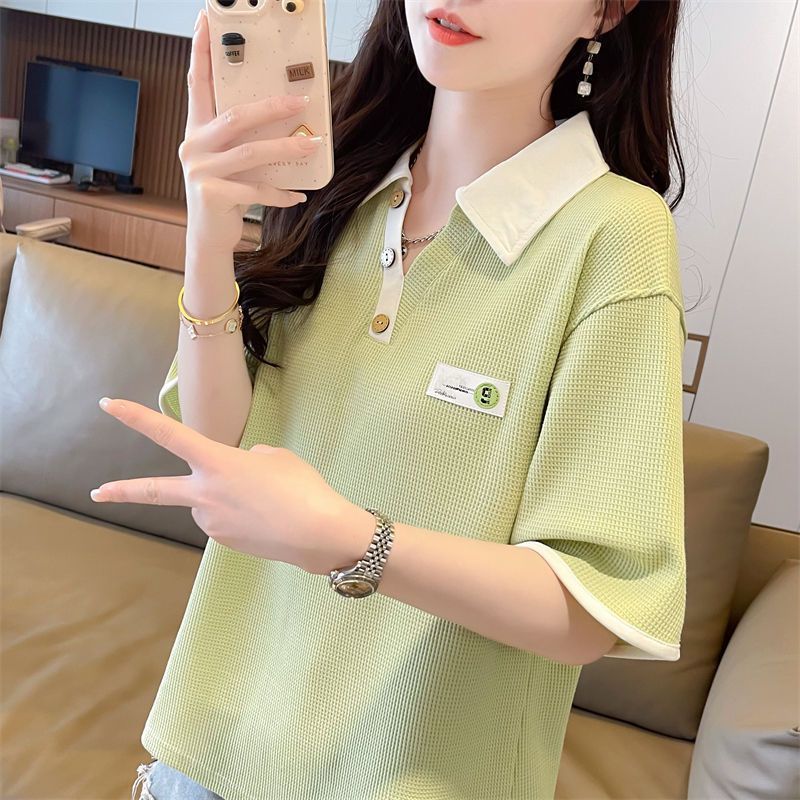 Camiseta de manga corta con cuello de polo de dos piezas falsas de waffle de talla grande para mujer 2024 verano nuevo estilo coreano suelto de media manga superior