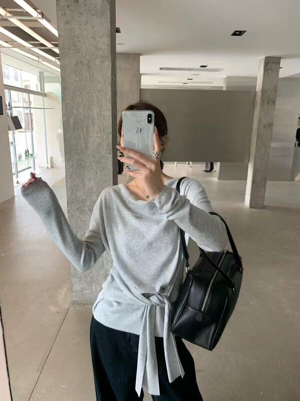 秋季新款女装设计感一字领露肩针织衫气质长袖毛衣绑带打底衫上衣|undefined