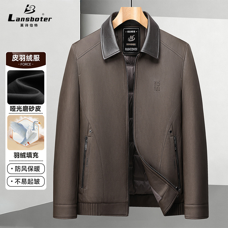 Men's leather down jacket with a turn-down collar, matte suede finish, down-filled, warm coat, business casual down jacket
