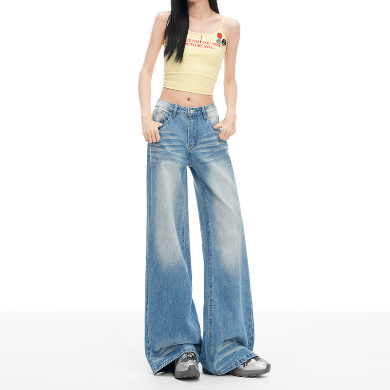Vintage Pleated Washed Wide-Leg Denim Pants for Women, New Summer Style, Loose Fit, Slimming, Versatile, Drapey Straight-Leg Floor-Length Pants