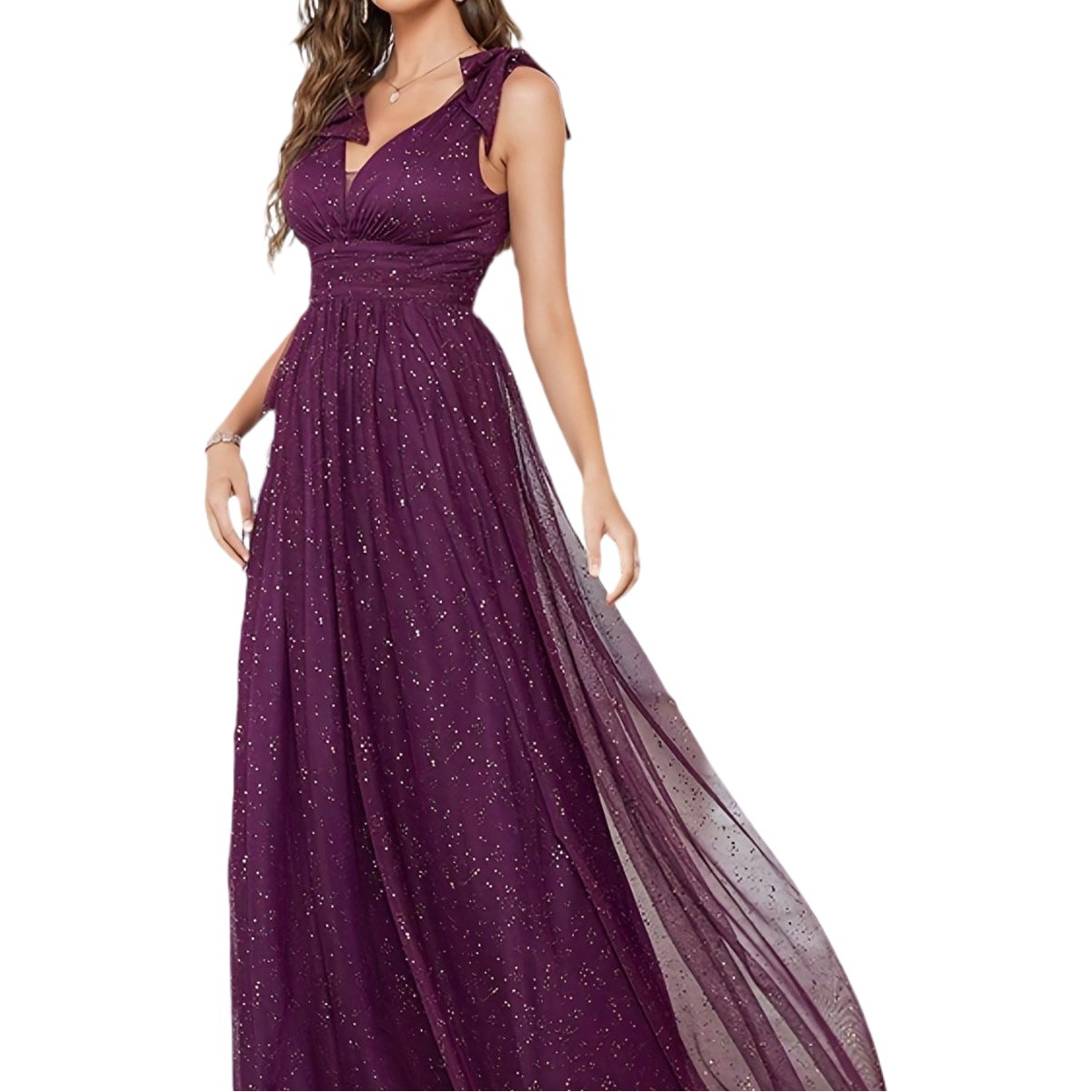Vestido de noche con lentejuelas doradas de Guangzhou Jiayi Clothing, nuevo estilo, vestido de dama de honor elegante con lazo y cuello en V para mujer