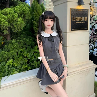 纯欲风蝴蝶结娃娃领无袖上衣夏季新款辣妹百搭褶皱半身裙两件套女