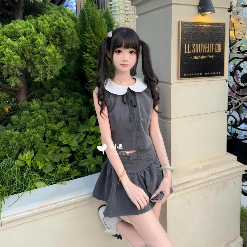 Pure Desire Style Bowknot Doll Collar Sleeveless Top Summer New Hot Girl Versatile Pleated Skirt Two-Piece Set for Women