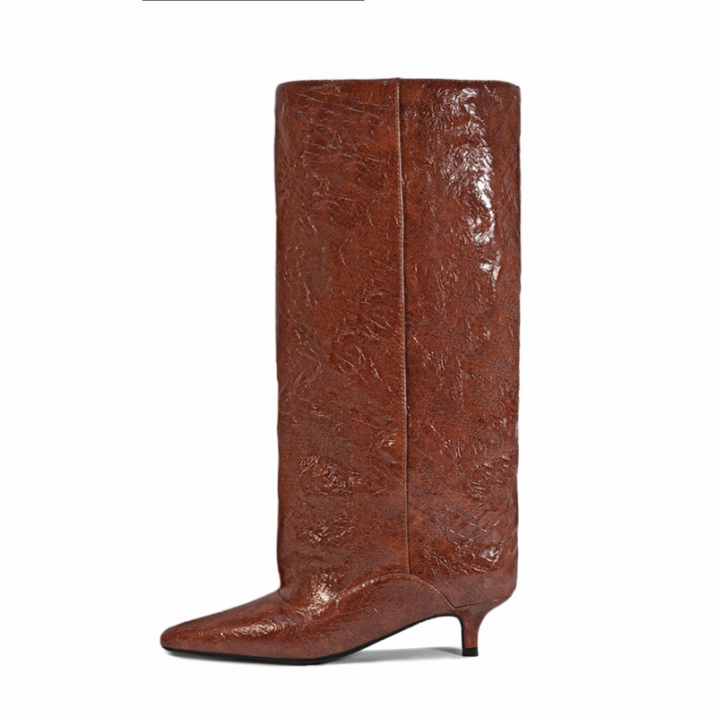 European and American Foreign Trade Style, Oversized Wide Tube Design, Kitten Heel, Pointed Toe, Knee-High Boot with Tube-Style Leg, Large Sizes 35-45