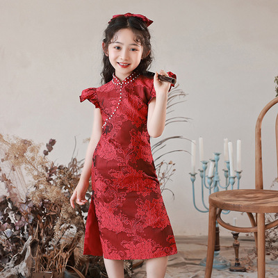 Girls red lace chinese dresses retro chinese style qipao stage performance model show catwalk cheongsam for kids birthday party photos shooting skirts