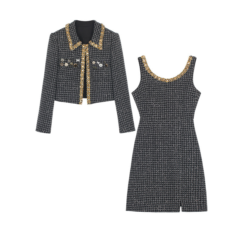 Petite Heavy-Duty Two-Piece Set with Beaded Lapel Short Jacket + Dress, Tweed Suit in Chanel Style 110063