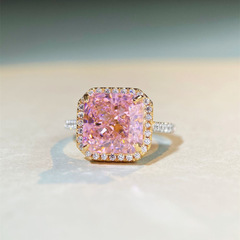 S925純銀戒指女鋯石公主粉方時尚輕奢滿鑽鑲嵌高碳鑽可愛粉鑽方包