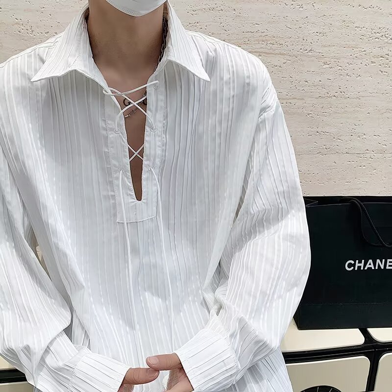 2024INS Niche Design Sense Strap Shirt Men's plus size Gender-free Loose Striped Shirt Tide